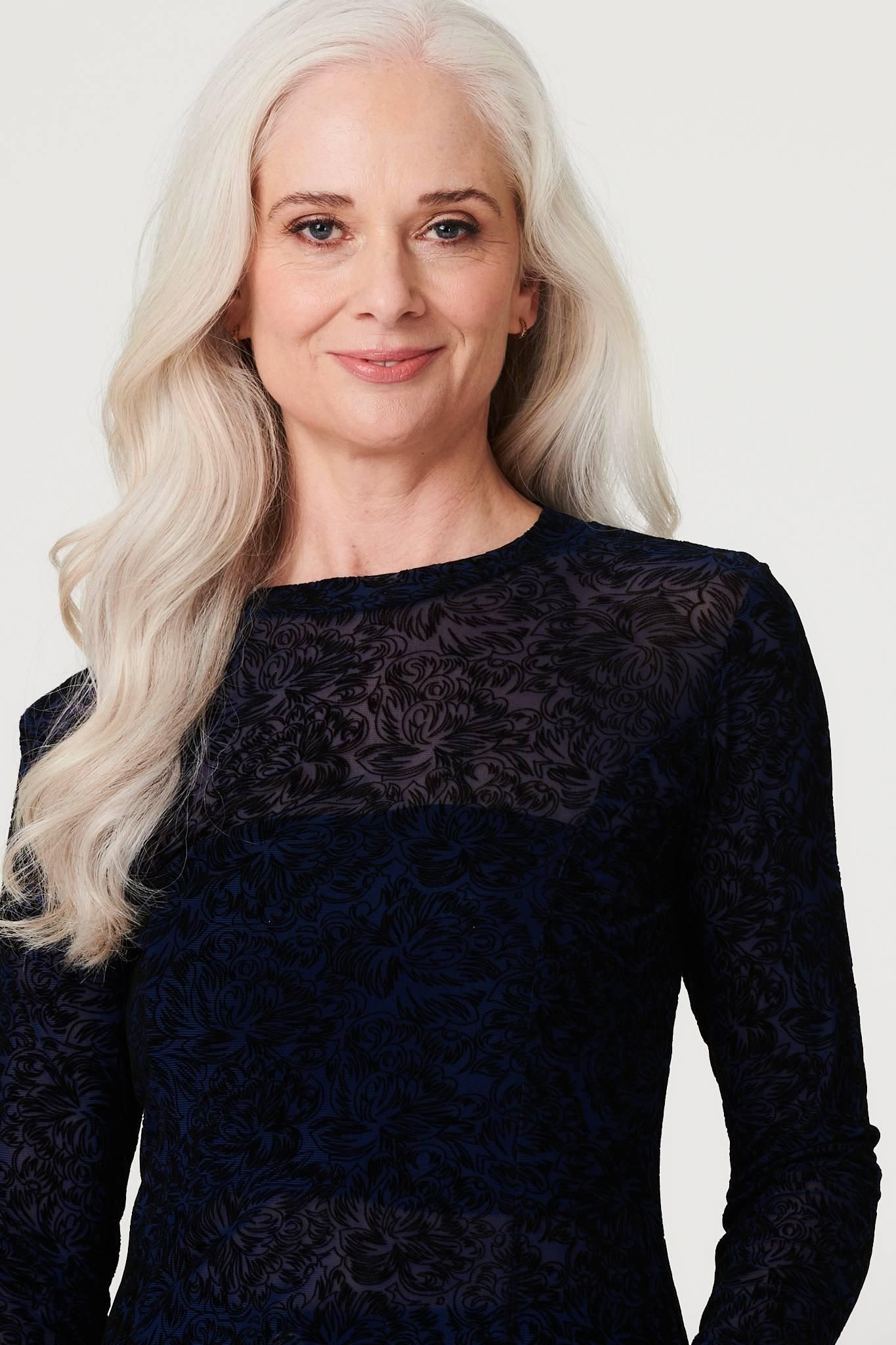Izabel London Sheer Lace Long Sleeve Peplum Top