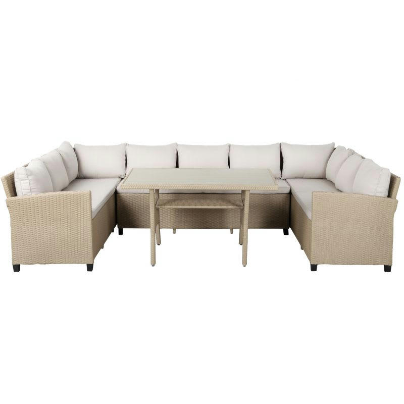 FRANKLIN - Salon de jardin en résine tressée 10 places coussins beige