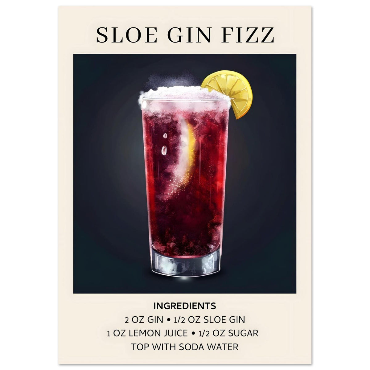 Artfulprints Poster Sloe Gin Fizz cocktail - Ingrediënten  - A4 21x29.7 cm - Zwart