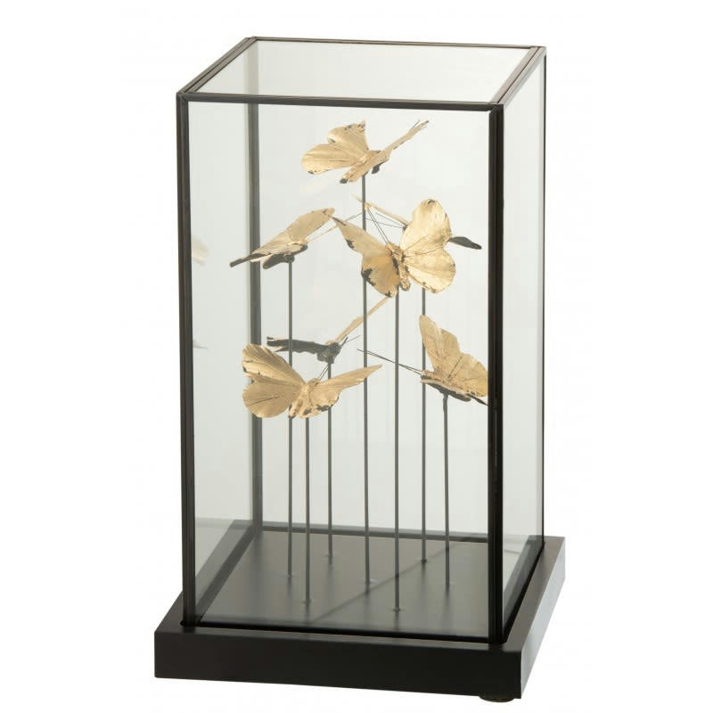 PAPILLONS - Cloche carrée papillons or verre/métal noir