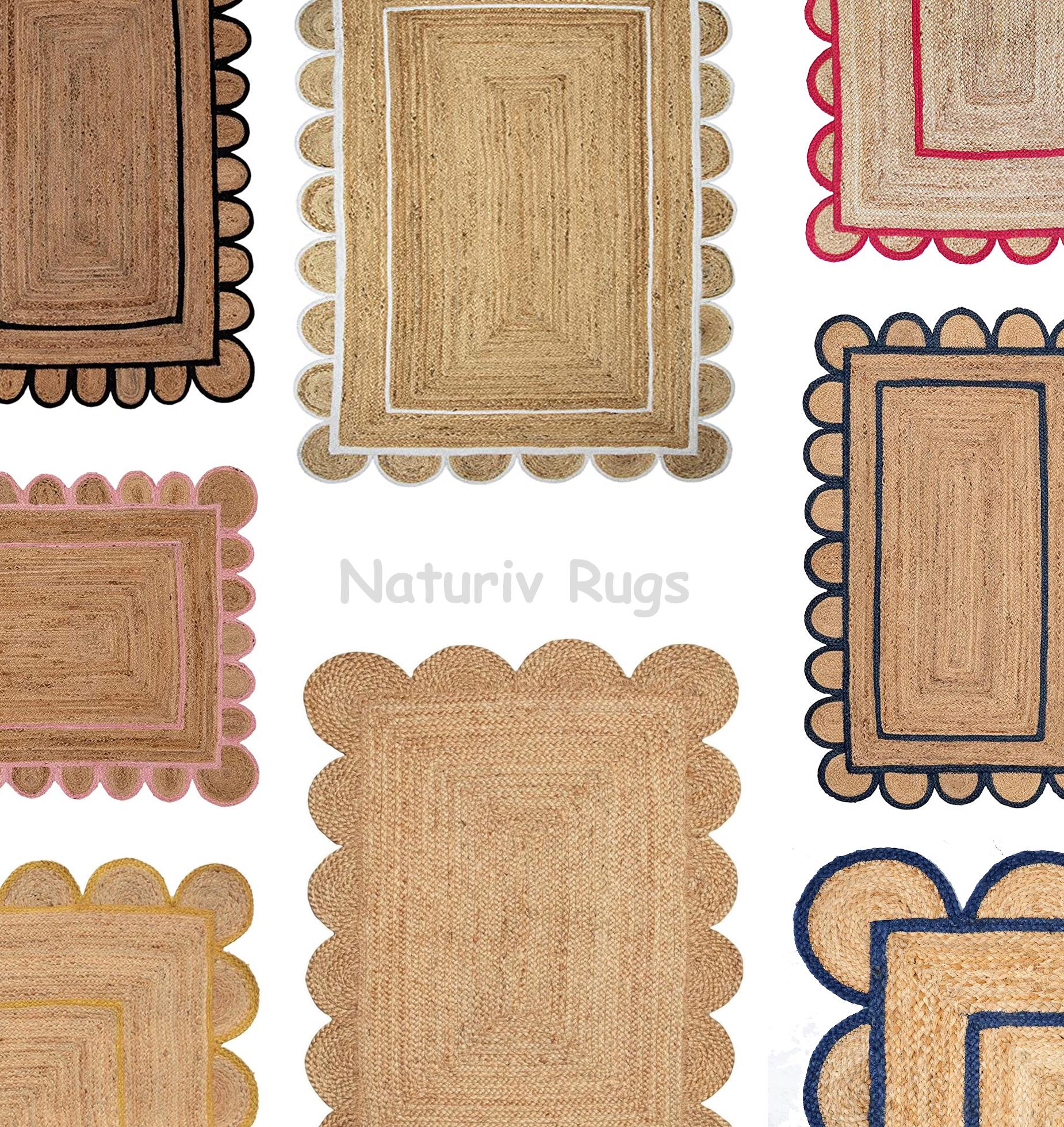 Scalloped Edge Jute Rug Natural Fiber Handwoven Area Rug Customize Any Size and Color