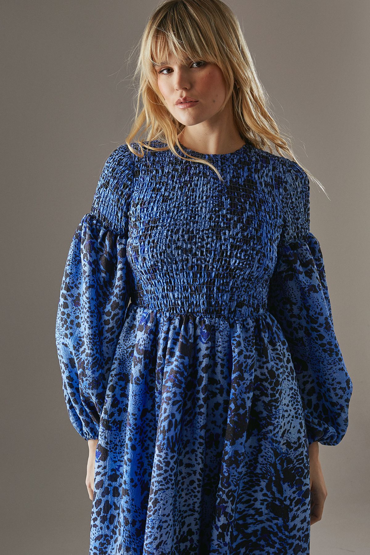 Warehouse Printed Textured Organza Shirred Midaxi Dress