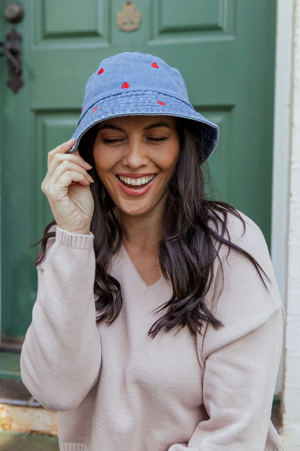 Denim Bucket Hat in Embroidered Hearts