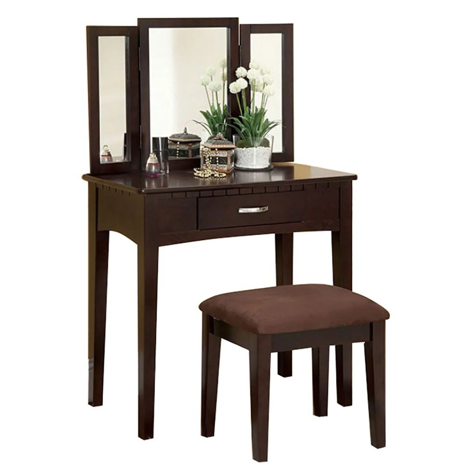 Wood and Mirror Vanity Set With Stool