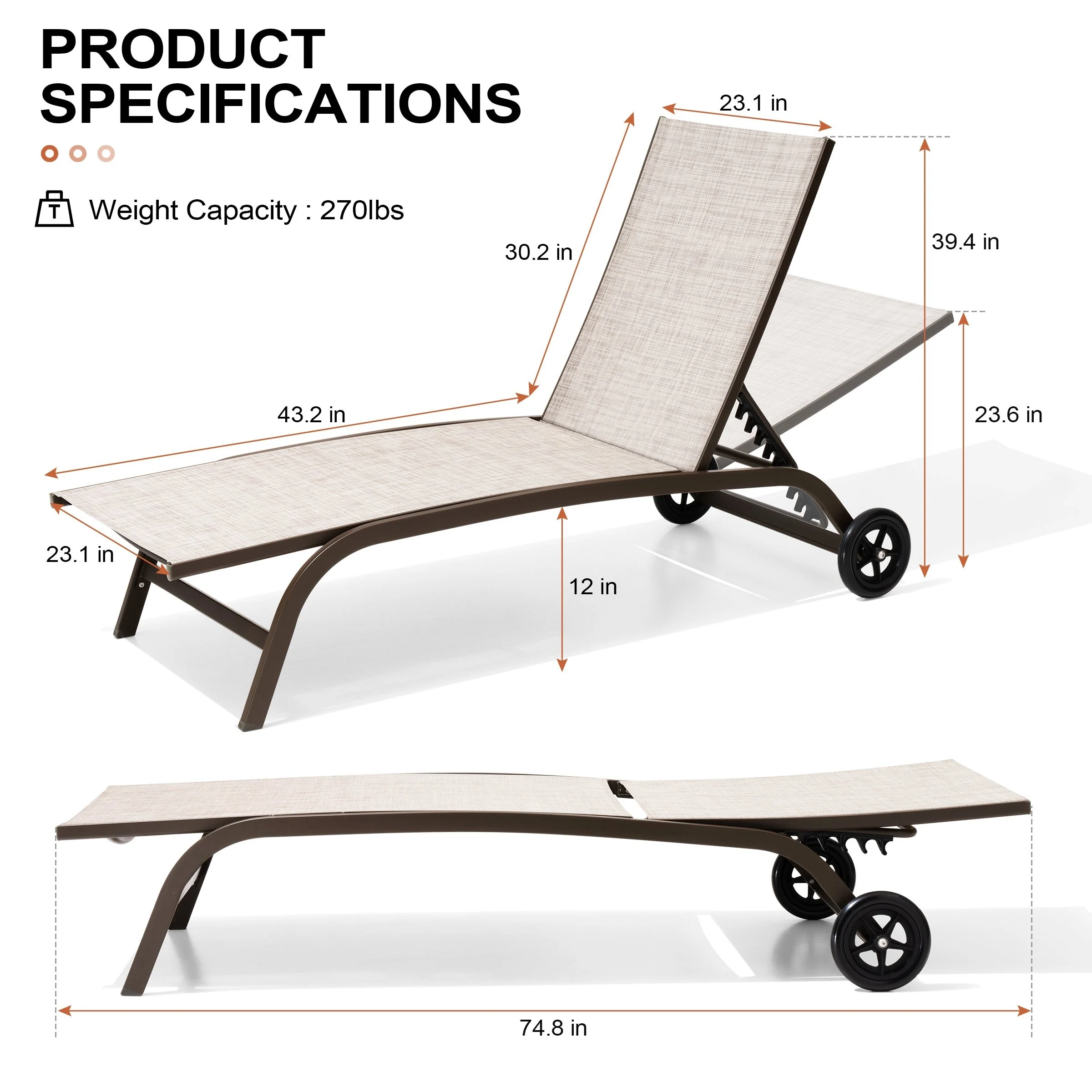Crestlive Outdoor Adjustable Chaise Lounge Chairs with Wheels - See the Picture