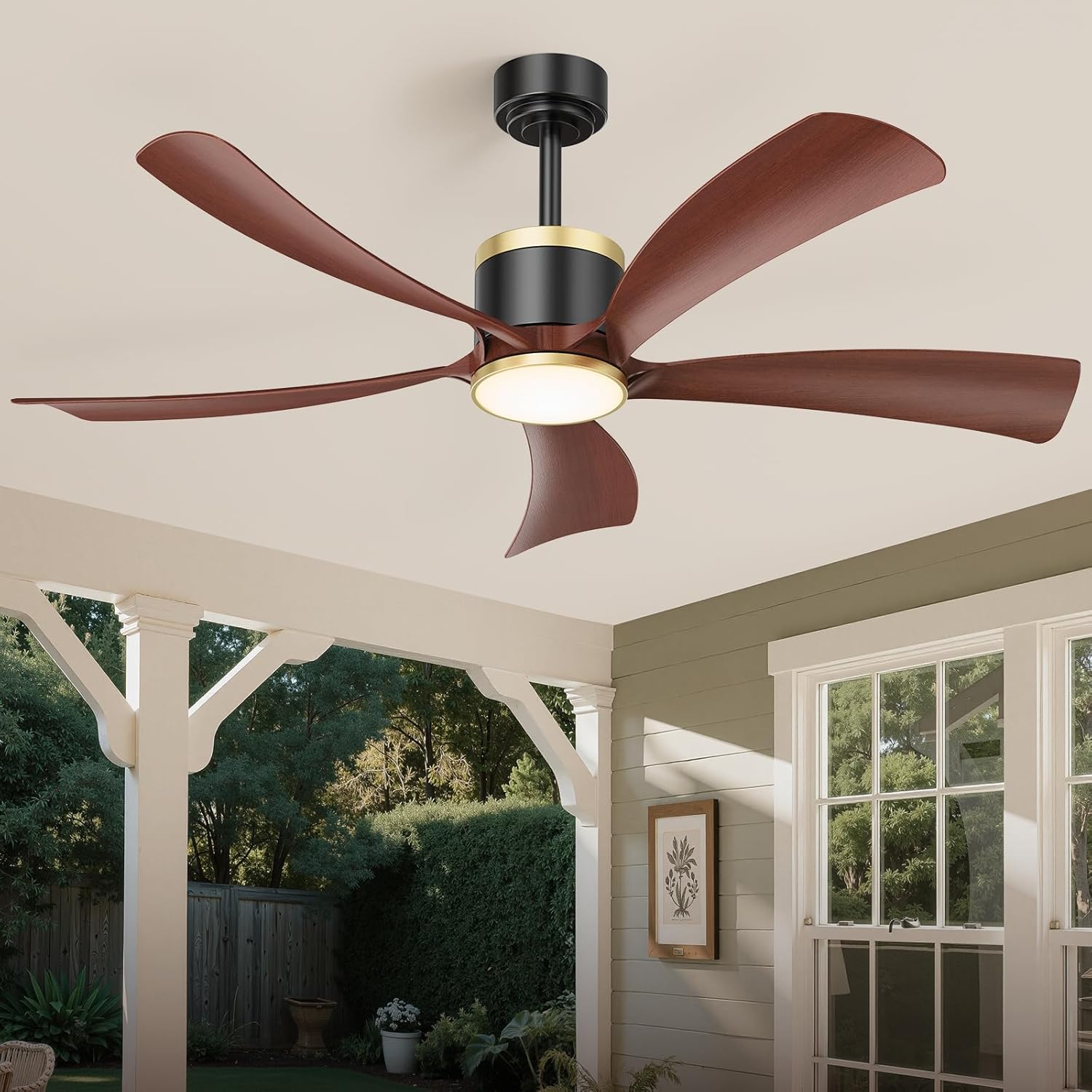 BLNAN 52 Premium Walnut Solid Wood Ceiling Fan with Light - Whisper-Quiet DC Motor, 6 Speeds, 3000K-6000K Dimmable LED, Remote Control with Timer, 2 Downrods for Indoor/Outdoor, A++ Energy Saving