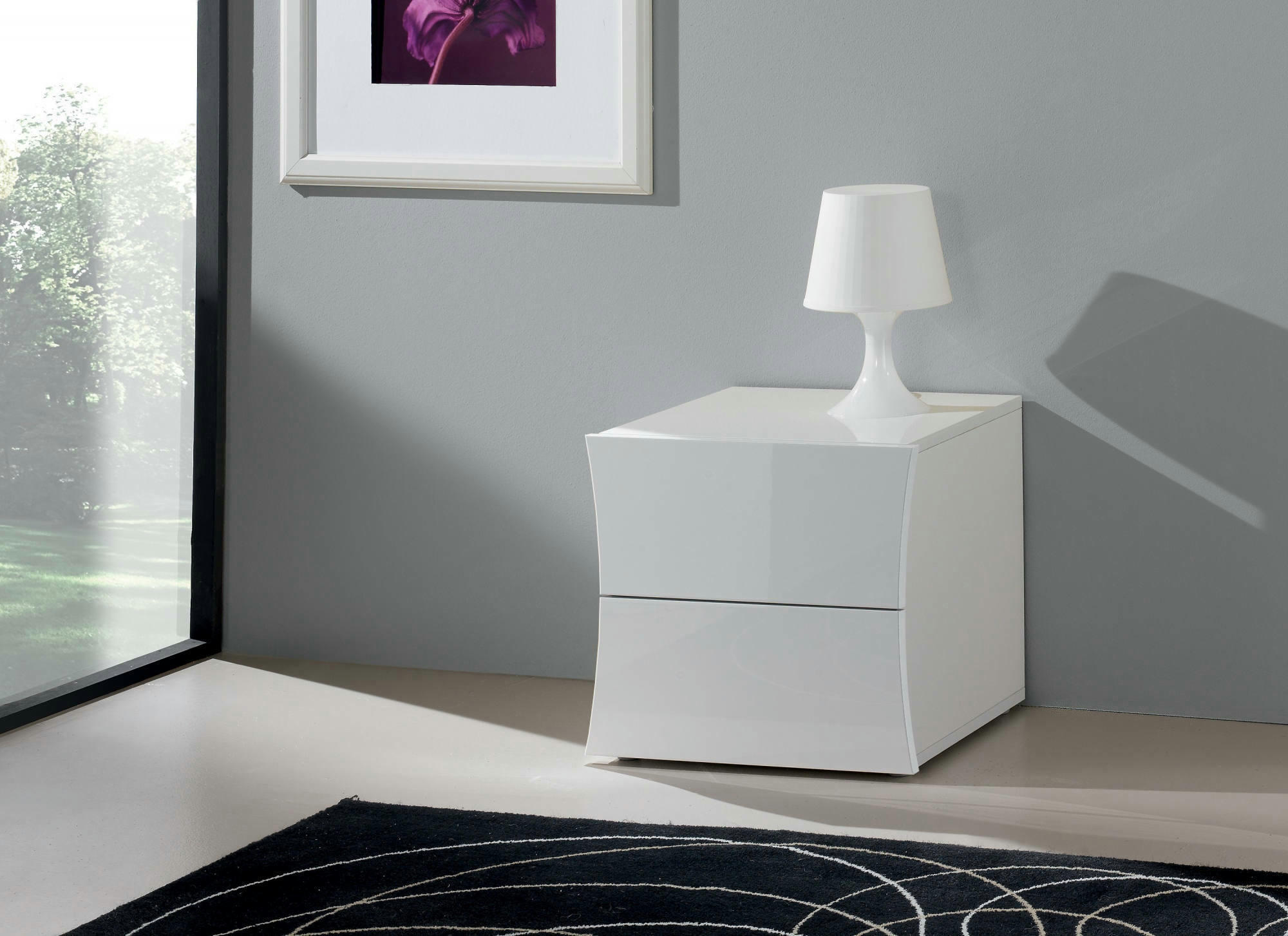 DLUKI - Table de chevet avec 2 tiroirs en effet bois blanc brillant