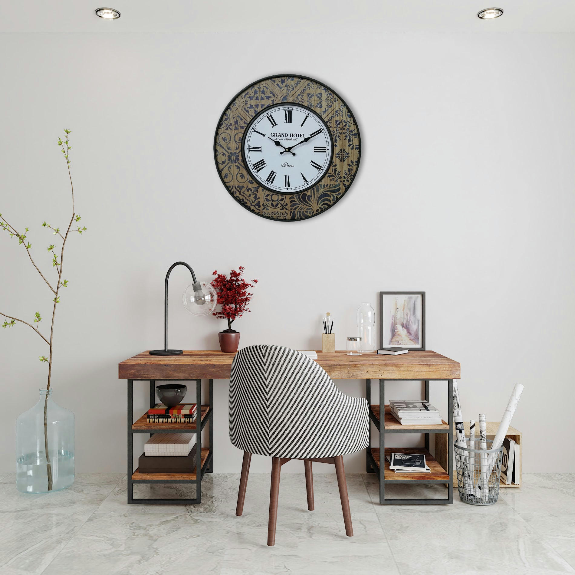 - Horloge murale effet bois vintage beige, marron et bleue Ø 50 cm