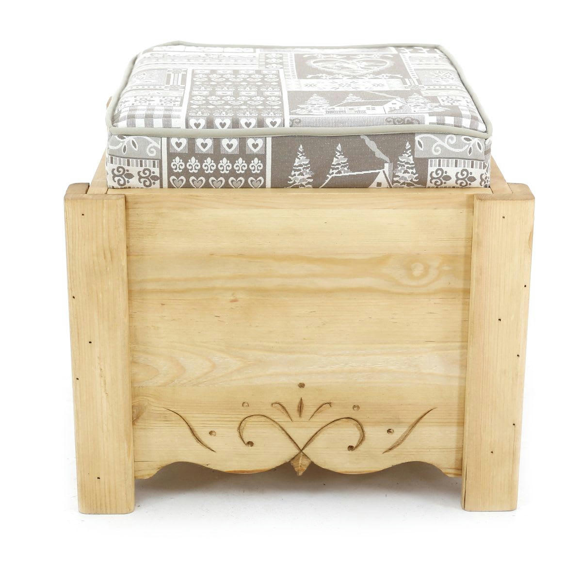 DAHU - Pouf coffre de rangement pin massif sculpté Trentino taupe Aspin