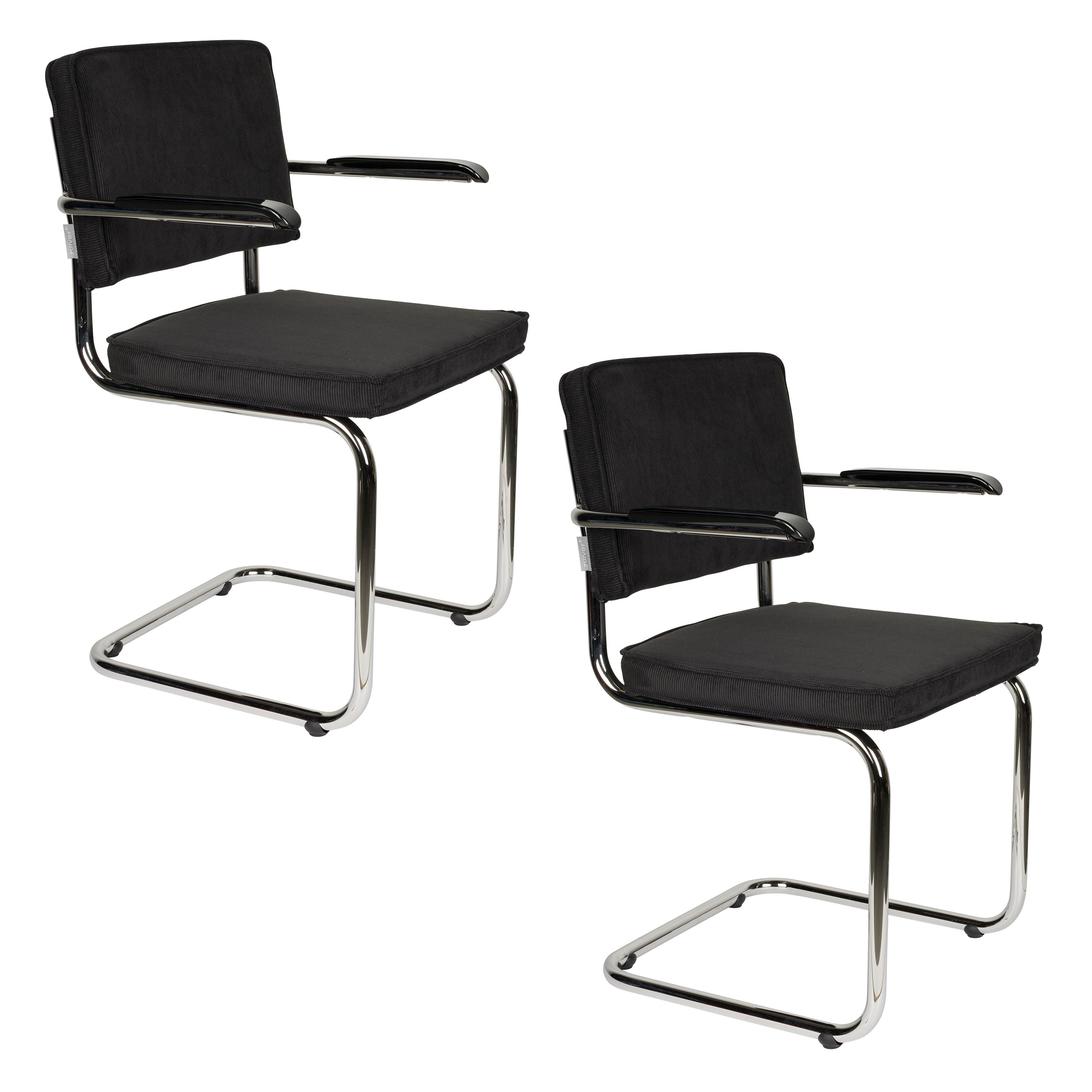 Zuiver Ridge Rib Eetkamerstoelen Armleuning Zwart - Set van 2