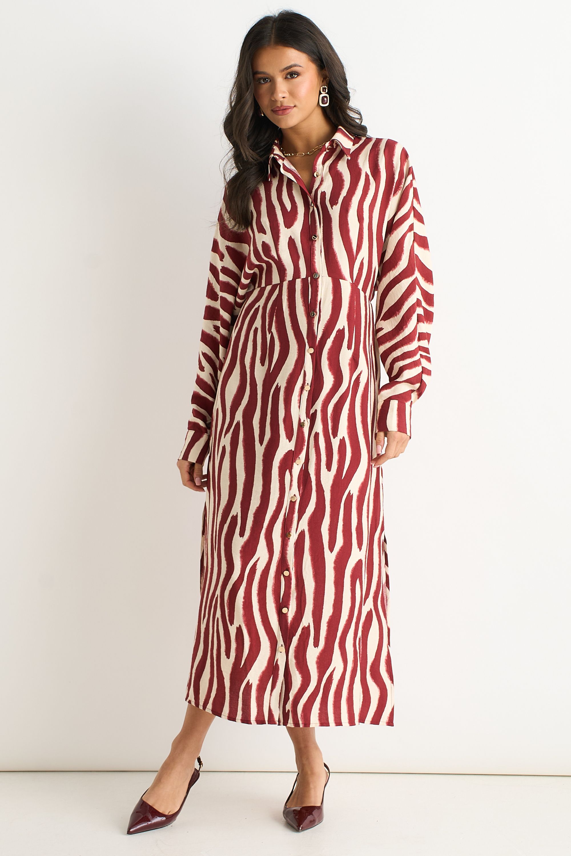 Gini London Burgundy Zebra Print Batwing Sleeves Shirt Dress