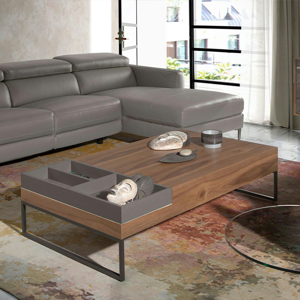 - Table basse rectangulaire effet bois noyer et gris