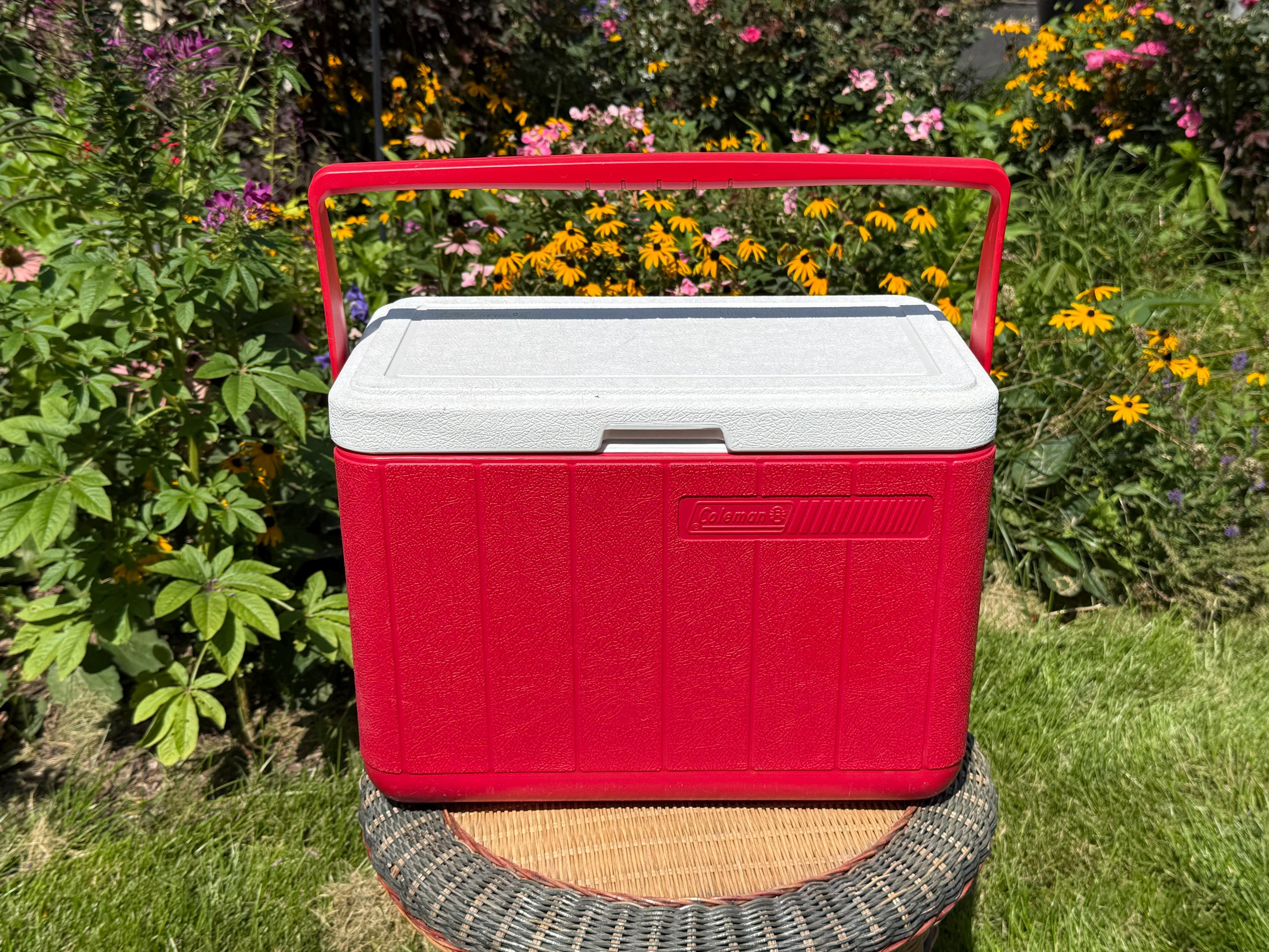 Vintage 1993 Coleman PolyLite 28 Red Cooler Model 5277, Retro 90s Ice Chest Tailgate Camping Gear, 28 Quart Made in USA Picnic Drink Cooler