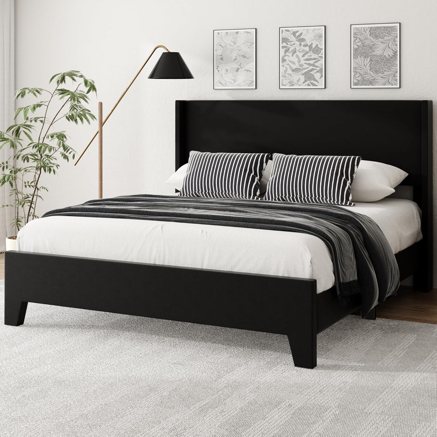 Queen Bed Frame with Faux Leather Upholstered Headboard, Wear-Resistant, Easy Clean, Mattress Foundation, No Box Spring Required, Easy Assembly, Black