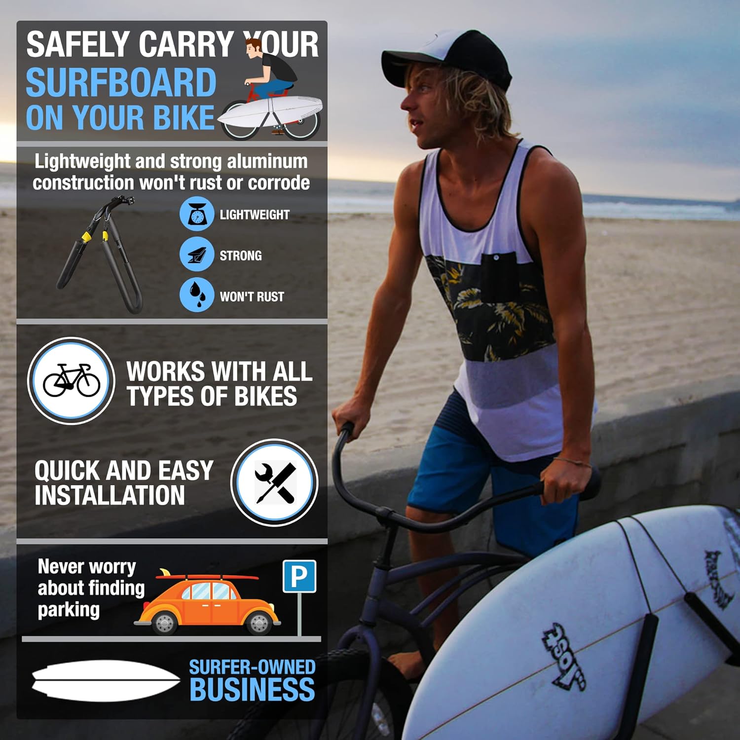 Ho Stevie! Surfboard Bike Rack - Fits Most Bikes, Easy Install, for Surf Boards 8 Feet Or Shorter - Cruise to Your Surf Spot