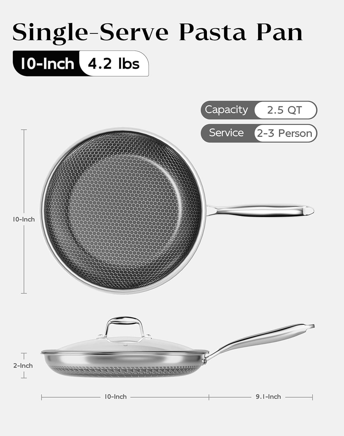 Nonstick Frying Pan with Lid 10-Inch, Durable Stainless Steel Skillet, Induction Cooktop Compatible, PFOA-Free Scratch-Proof, Dishwasher & Oven Safe, Stay-Cool Handle, Silver Kitchen Cookware
