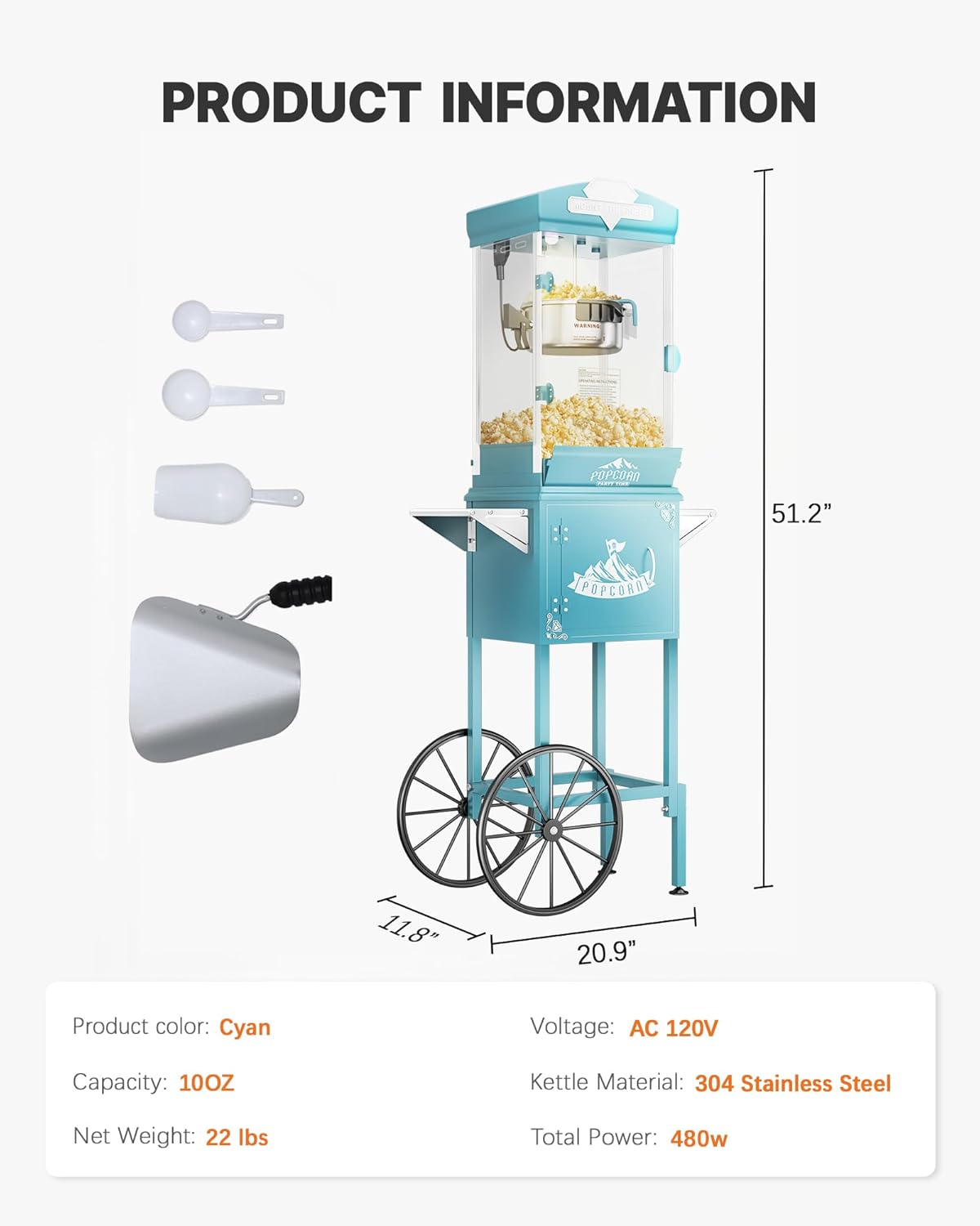 10 oz Popcorn Machine Cart, Popcorn Maker Machine with Wheel & Stainless-Steel Kettle Makes Up to 40 Cups, Vintage Movie Theater Style Pop Corn Machine, Cyan