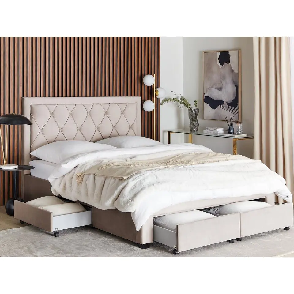 LIEVIN - Bed met opbergruimte - Beige - 160 x 200 cm - Fluweel