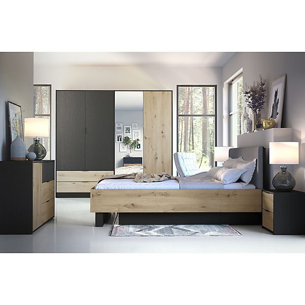 Lit coffre MELODY 160x200 cmTete de lit rembourréeNoir graphite et chene clair5 colis