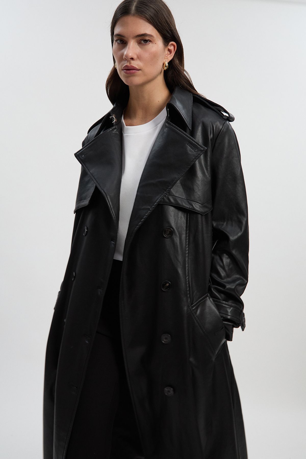 KarenMillen Tailored Faux Leather Belted Trench Coat