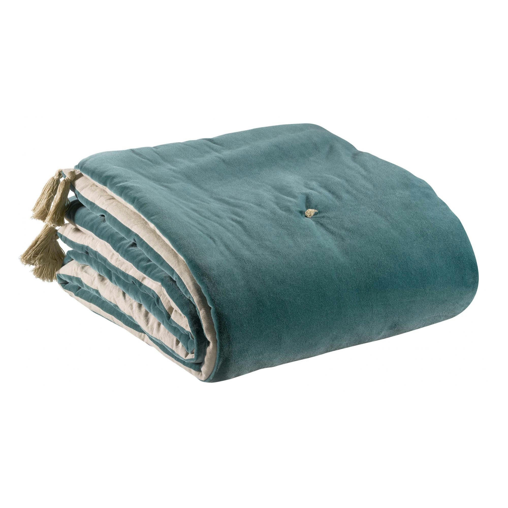 ELISE - Edredon pompons  en coton vert de gris 80 x 180