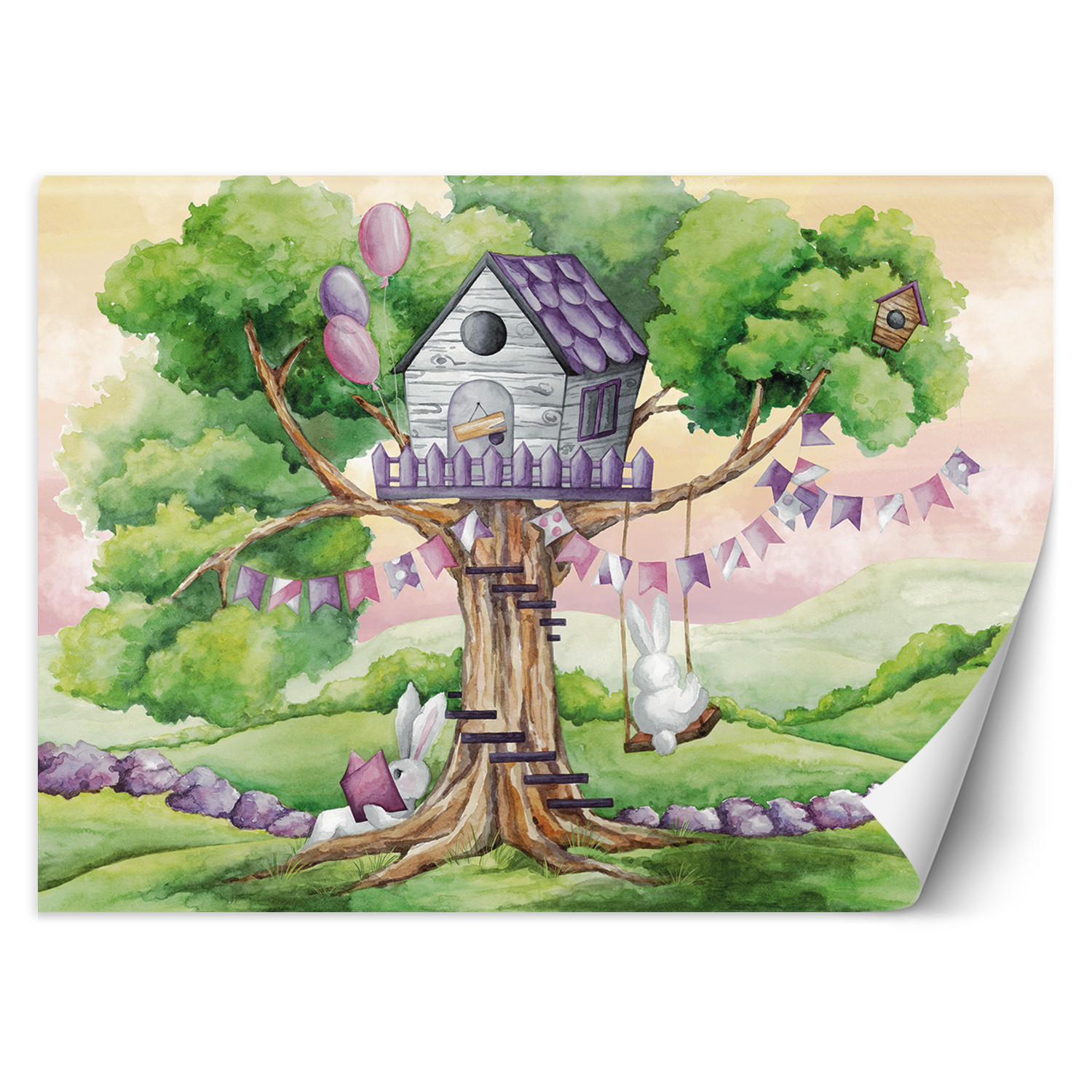 Feeby Fototapeta, Białe króliki chatka na drzewie 150x105