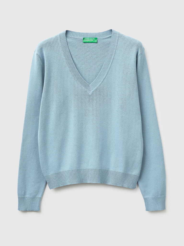 Light blue V-neck sweater in tricot cotton