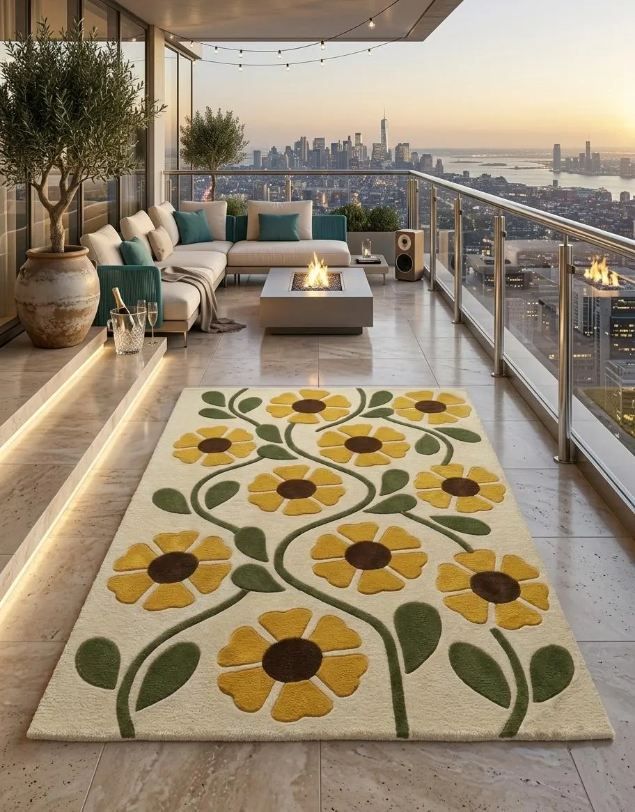 Hand Tufted Wool Floral Rug, Yellow Daisy Area Rug, 8x10 Ft,