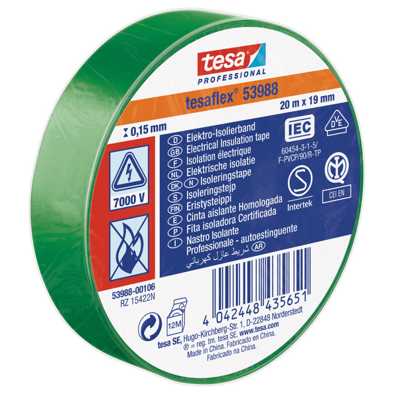 Ruban d'isolation électrique vert 19 mm x 20 m TESA