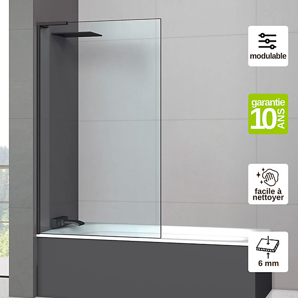 Paroi de baignoire fixe en verre sécurité transparent ép 6mm anti calcaire, L100 x H147 cm, noir mat, SUPERBAN Mont Blanc E
