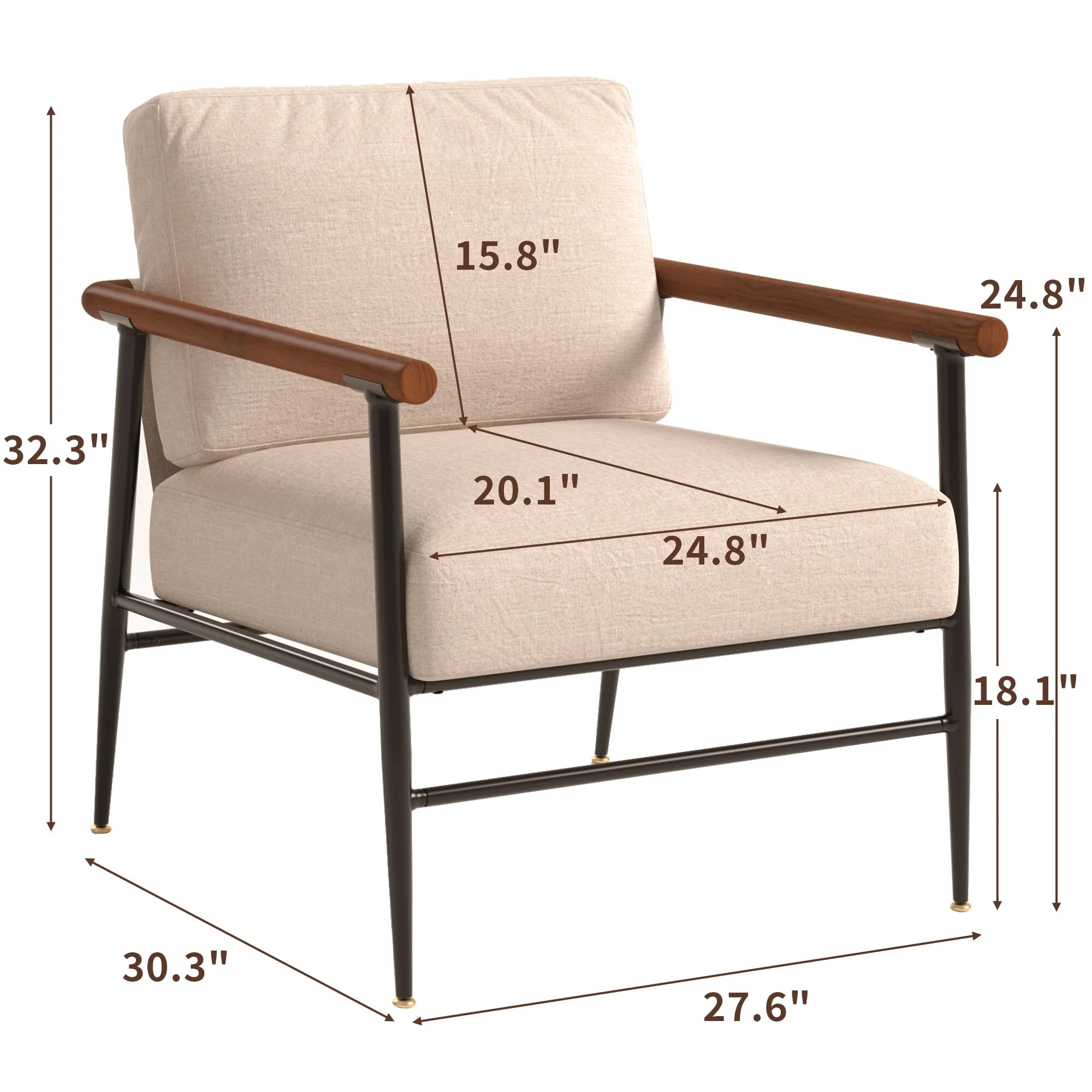 Modern Accent Chair, Wood Armrests and Black Metal Frame, Comfy Lounge Chair with Beige Seat Cushion&Backrest