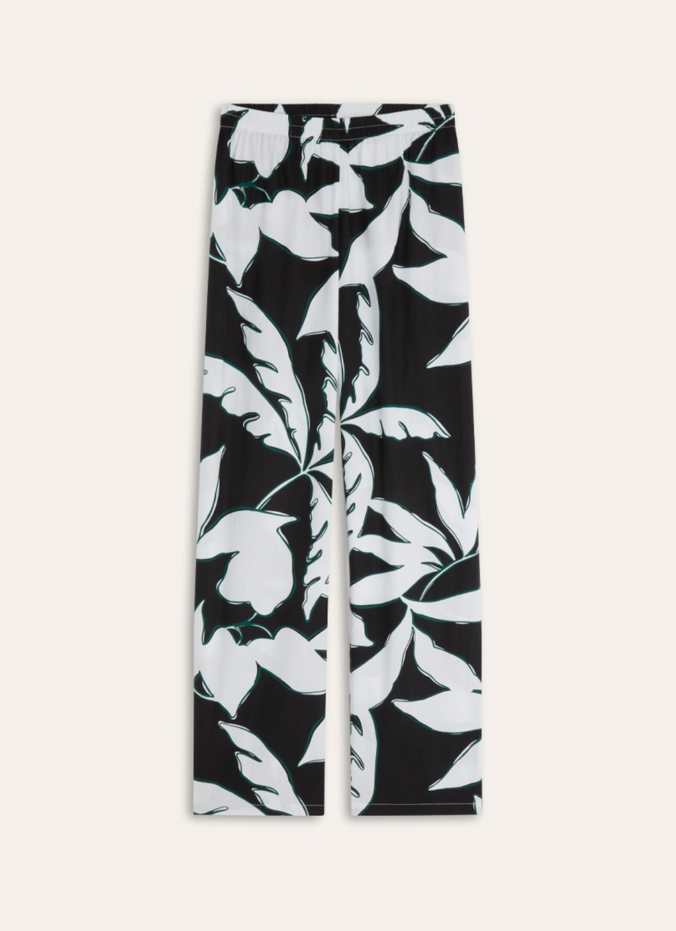 PANTALON DROIT ÉLASTIQUÉ EN COTON IMPRIMÉ FEUILLE Noir