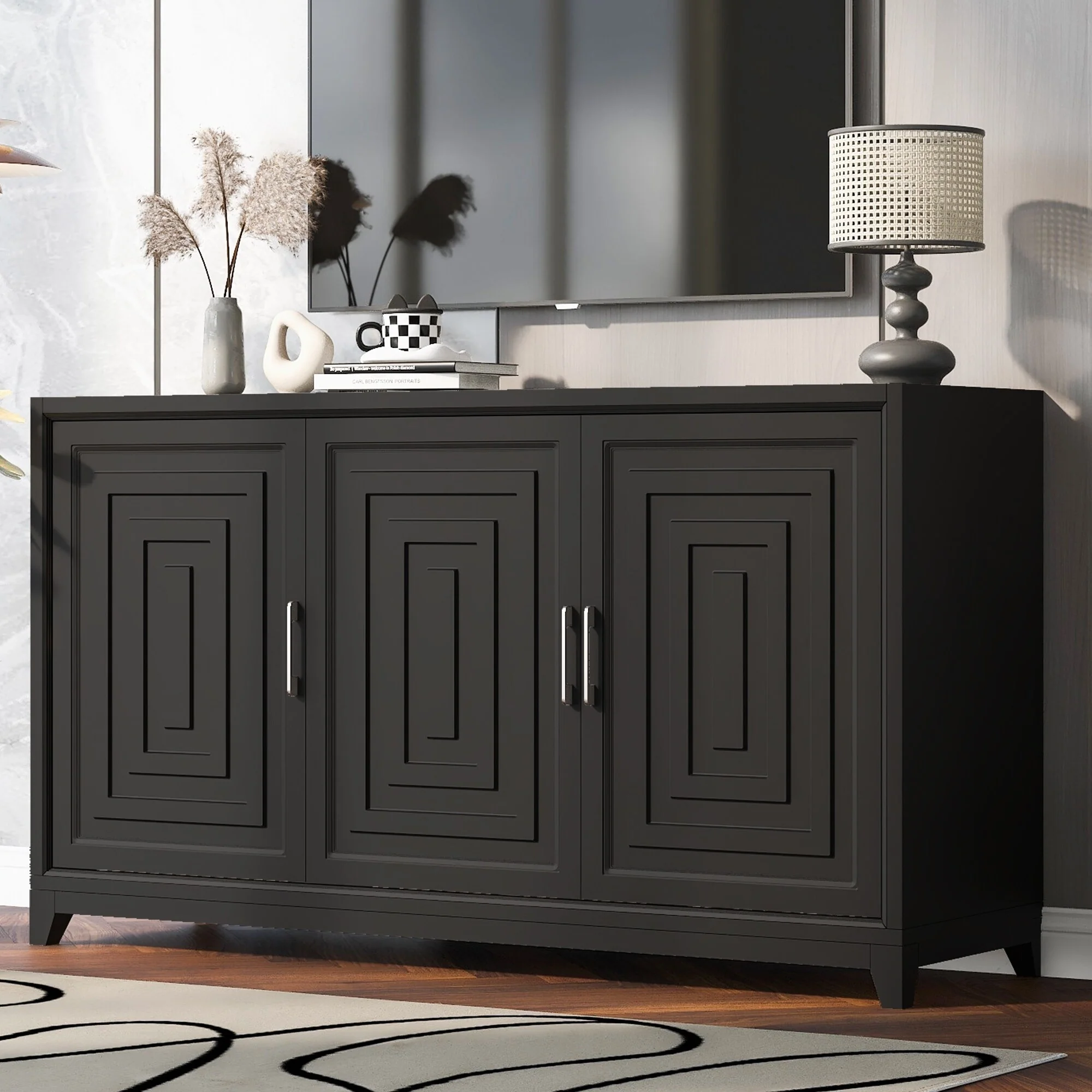 59-Inch Modern TV Stand with Two Adjustable Storage Cabinets for TVs up to 65 Inches , Solid Wood Legs