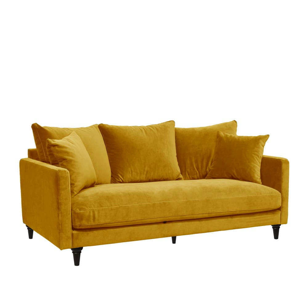 VILLABON - Canapé 3 places en velours pieds tournés jaune moutarde