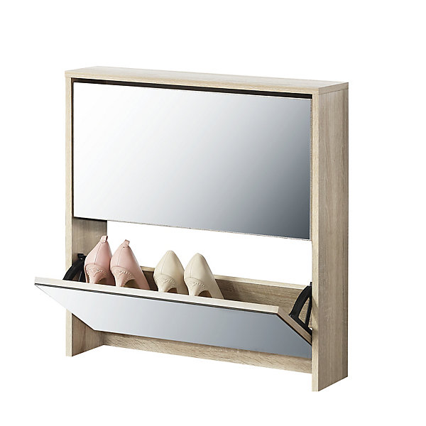 Meuble à Chaussure Lund Miroir 67 x 63 x 17cm Effet Chêne en.casa