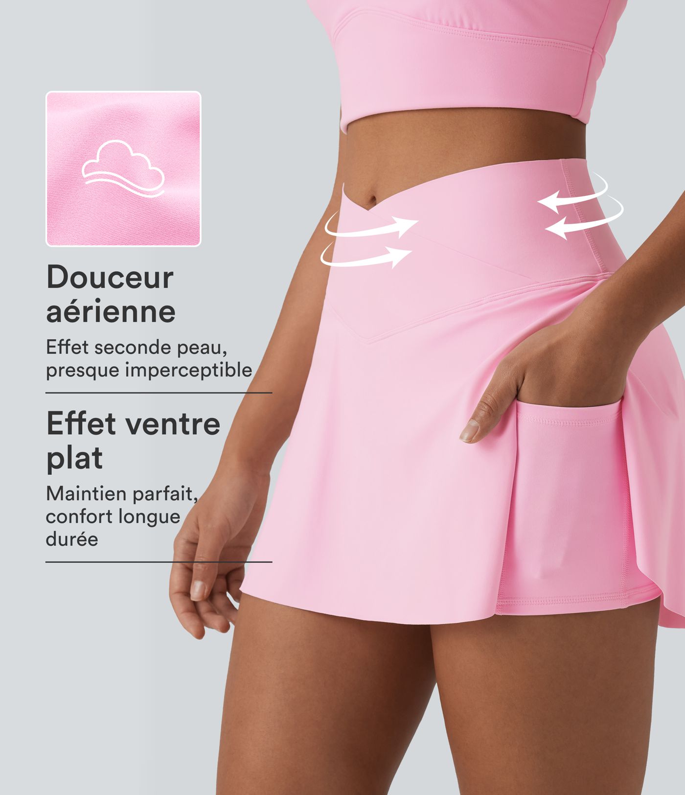 Jupe-short de tennis SoftlyZero™ Airy gainante croisée à effet frais InstantCool et poches, Lucid, protection solaire UPF50