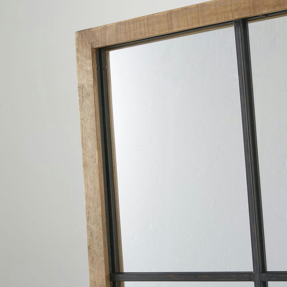DENYS - Grand miroir fenêtre rectangulaire en bois de pin et métal effet vieilli 121x165