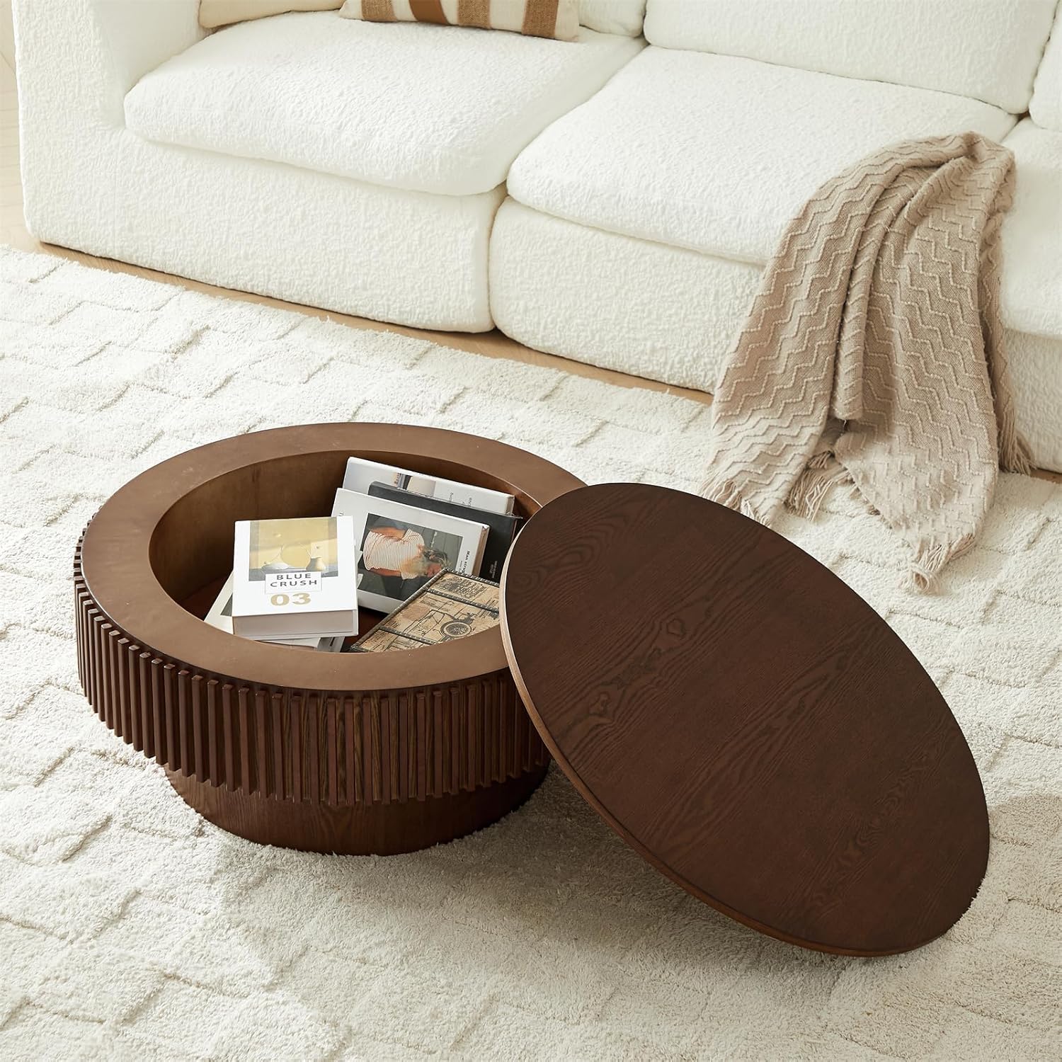 Round Coffee Table with Storage, Small Solid Wood Coffee Table for Living Room, Mid Century Modern Circle Center Tables for Small Space Apartment (31.5''D×14''H-Walnut)