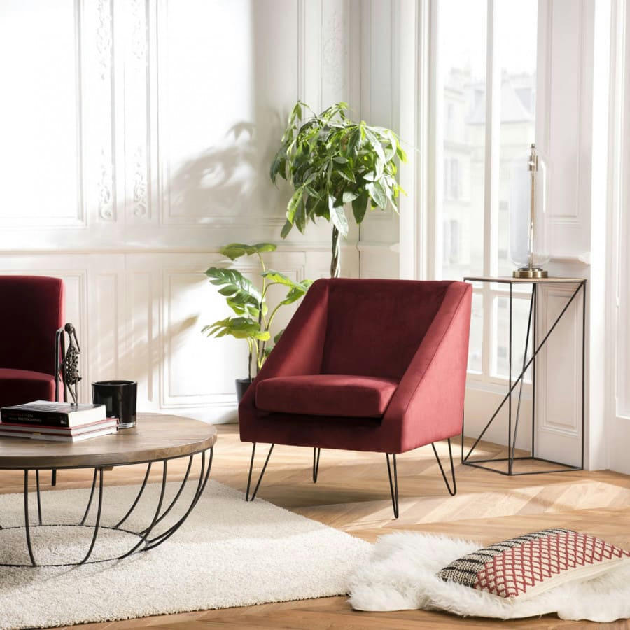 ALBANE - Fauteuil tissu velours bordeaux pieds épingles métal