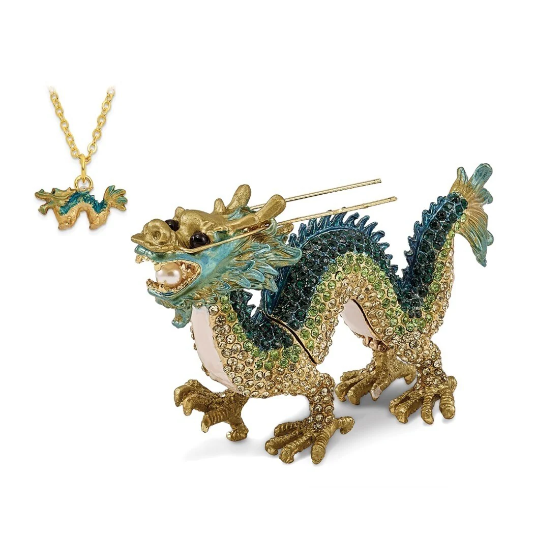 Curata Pewter Bejeweled Crystals Gold-Tone Enameled Chi Chinese Dragon Trinket Box on 18 Inch Necklace