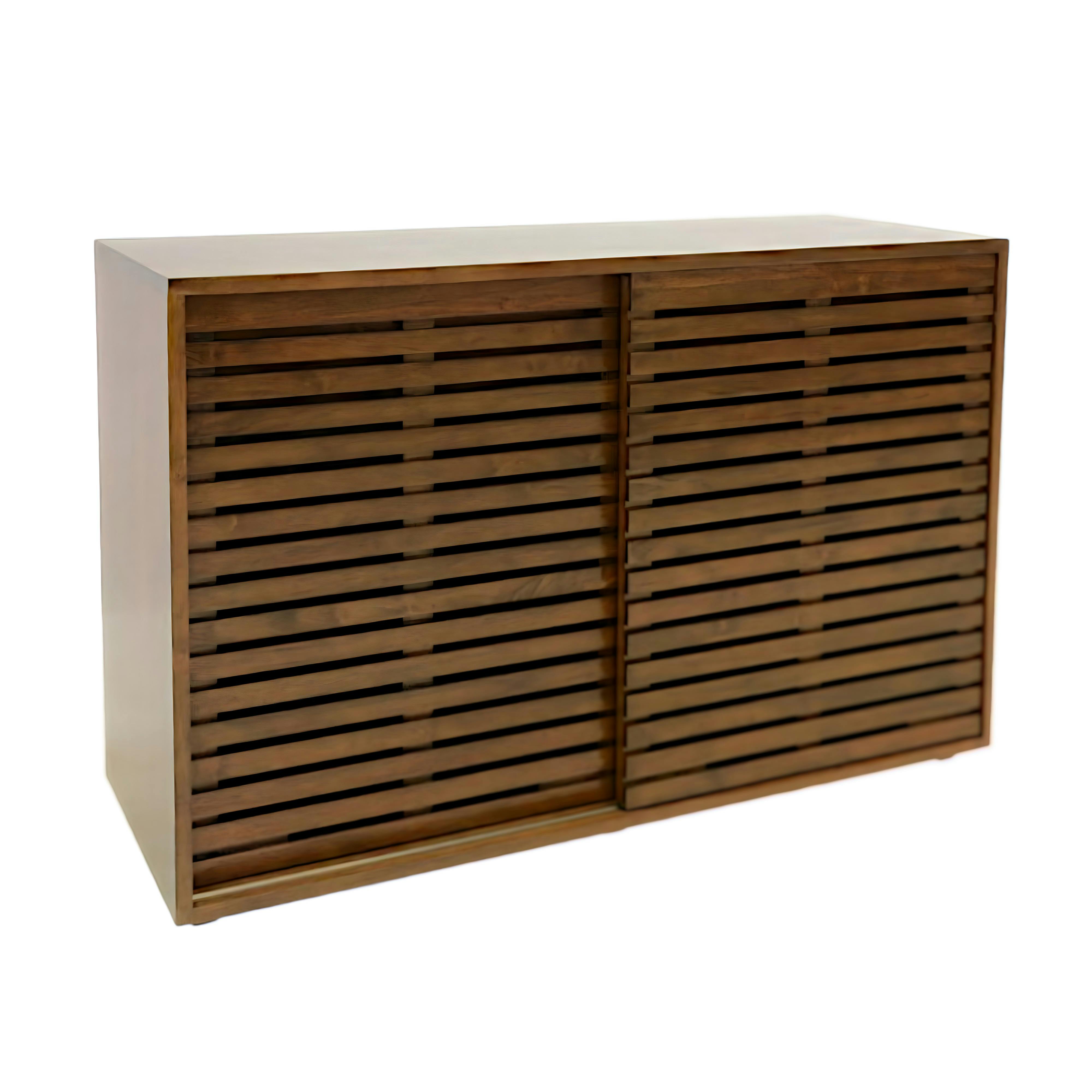 Buffet bas Hévéa 2 portes coulissantes Persiennes, 2 tiroirs intérieurs 120x45x80cm NEW ORLEANS