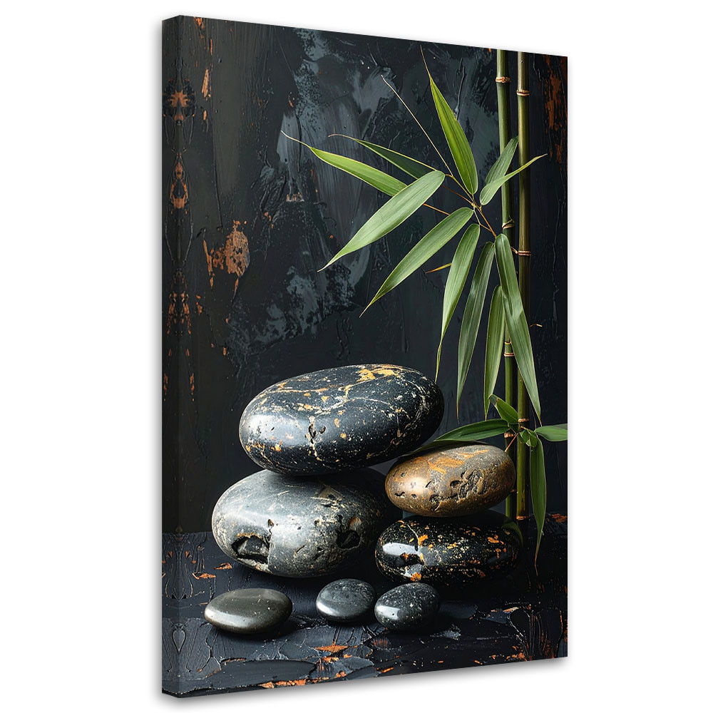 Obraz do salonu sypialni, Czarne kamienie zen spa liście na czarnym 20x30