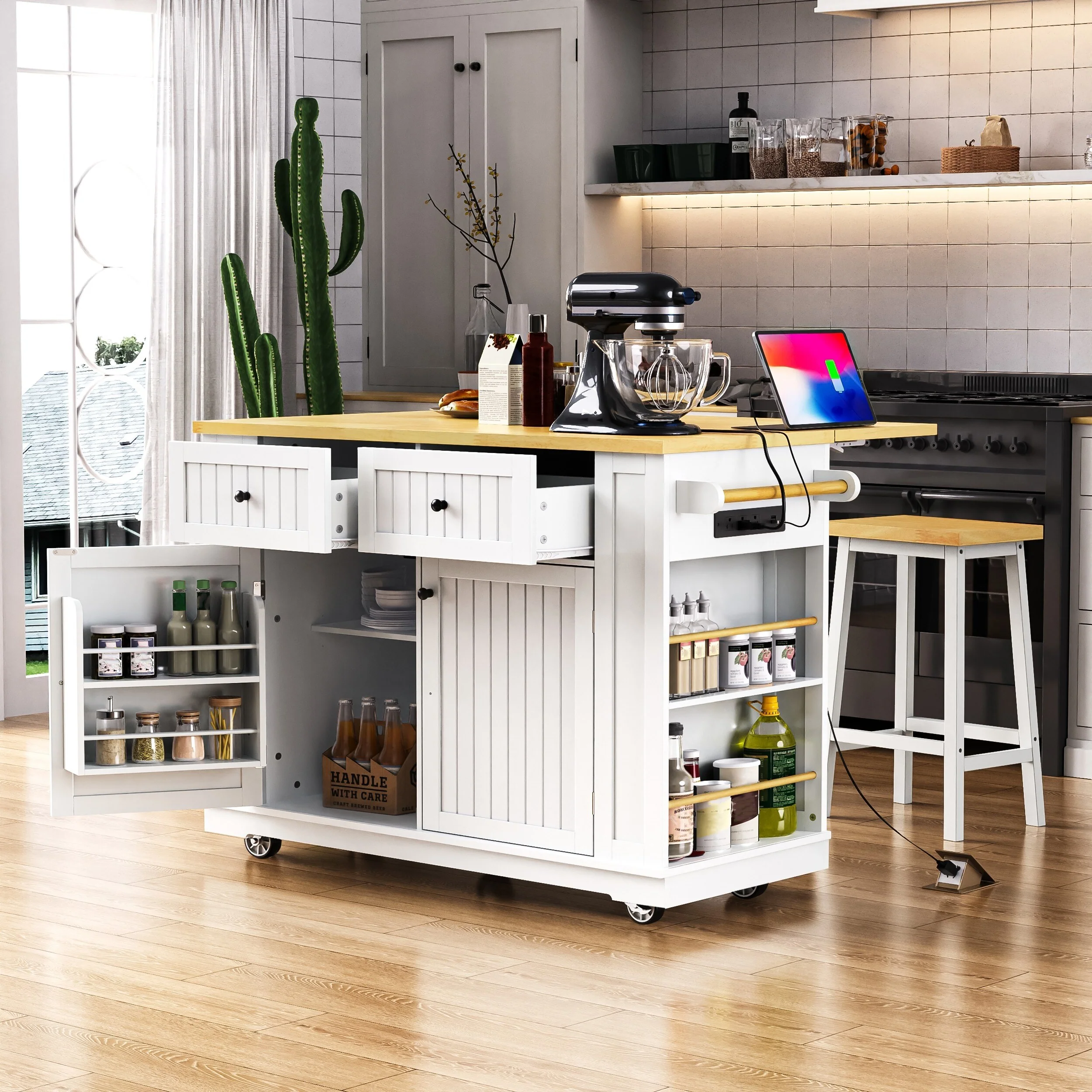 Kitchen Island with Storage and Drop Leaf, 48'' Large Rolling Kitchen Island Cart on Wheels, Portable Mobile Islands Wood Table