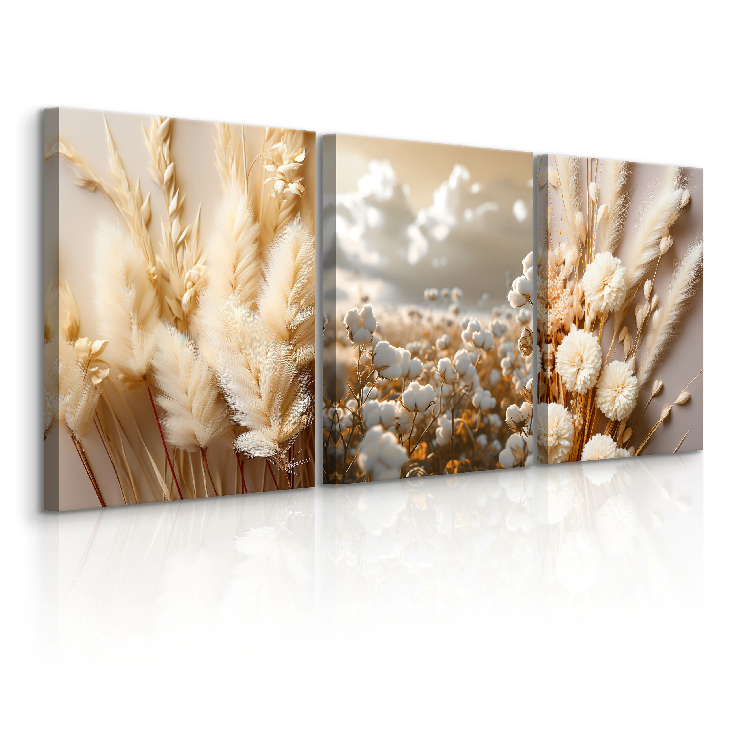 3x Obraz Set Kwiaty Bawełna Trawy Natura W Stylu Boho 30x40cm