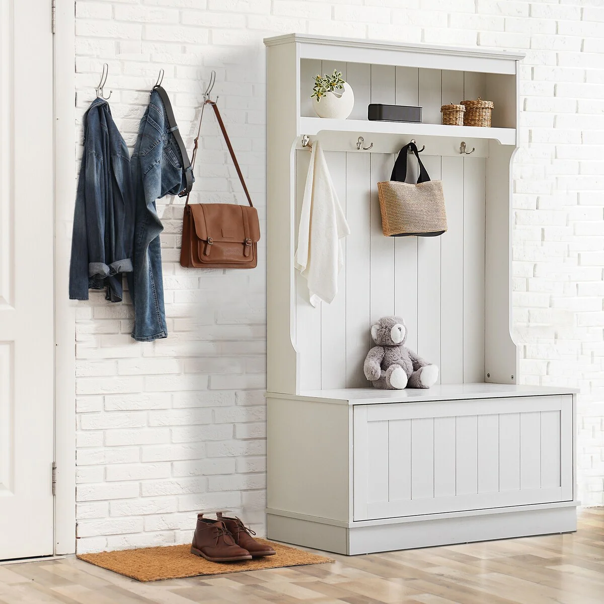 3 In 1 Entryway Hall Tree with Shoe Storage Bench and Coat Racks 4 Hooks for Entrance, Hallway, White