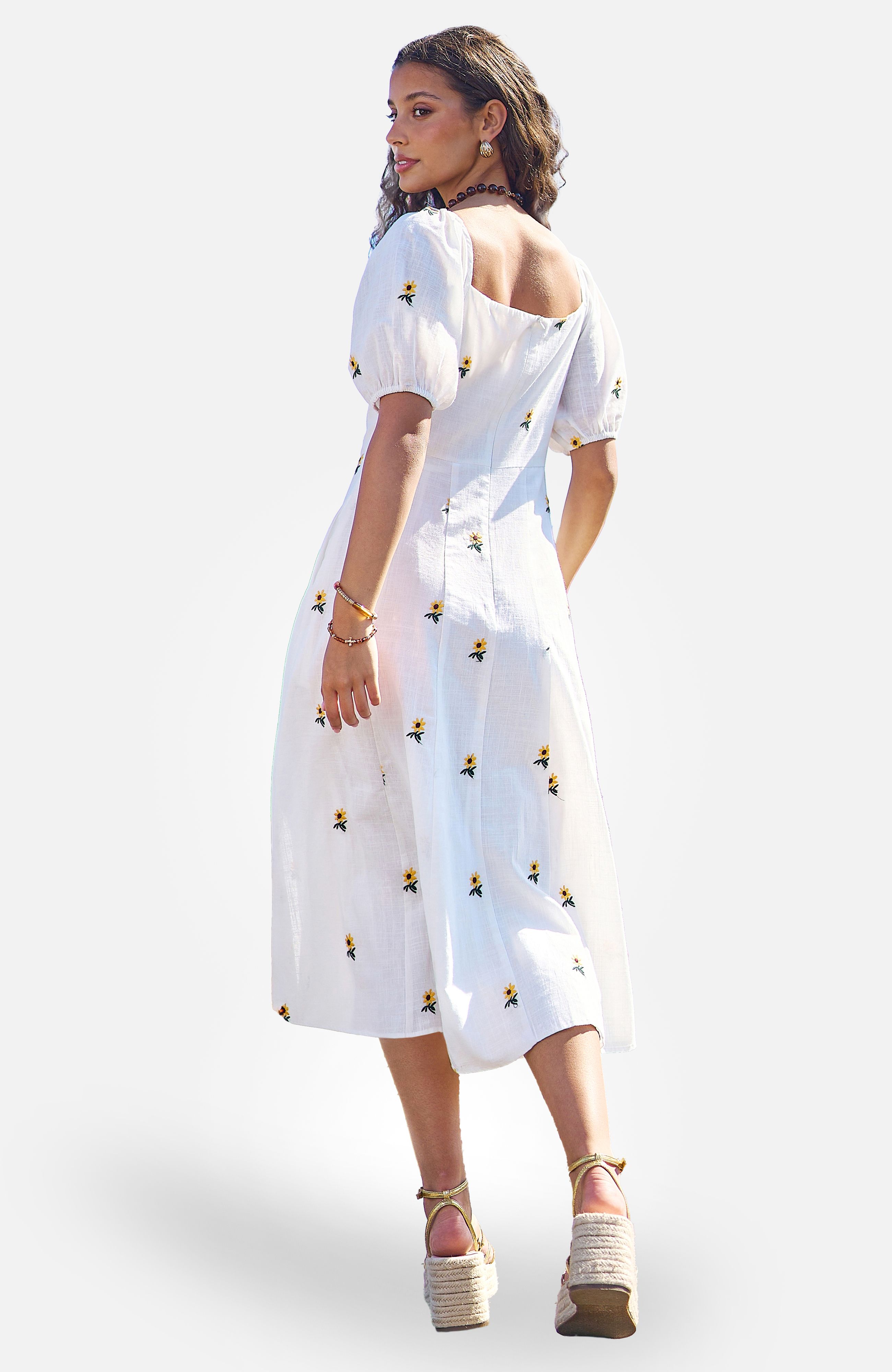 Yumi White Cotton Sunflower Embroidered Midi Dress