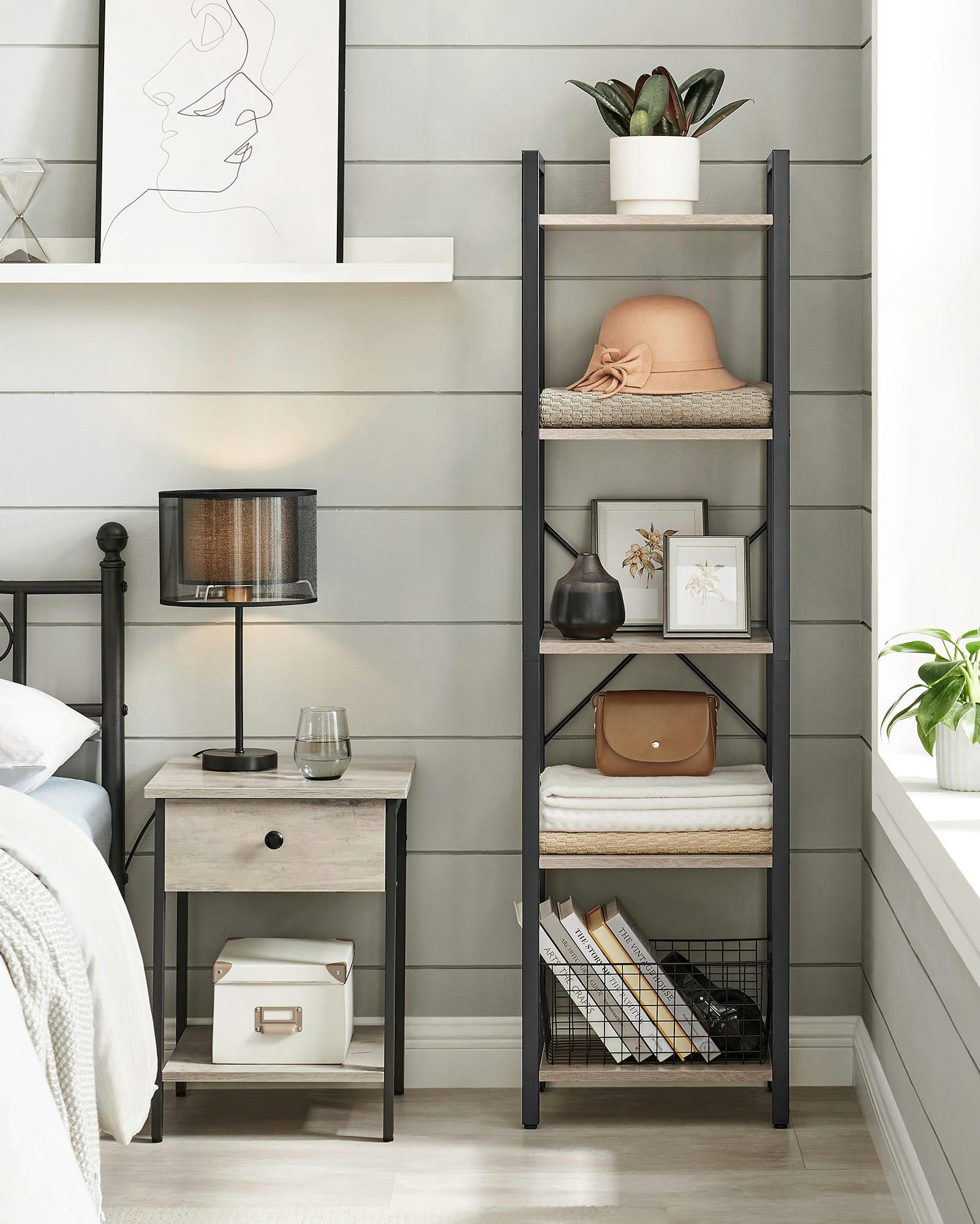 - Étagère 5 niveaux style industriel effet bois grège