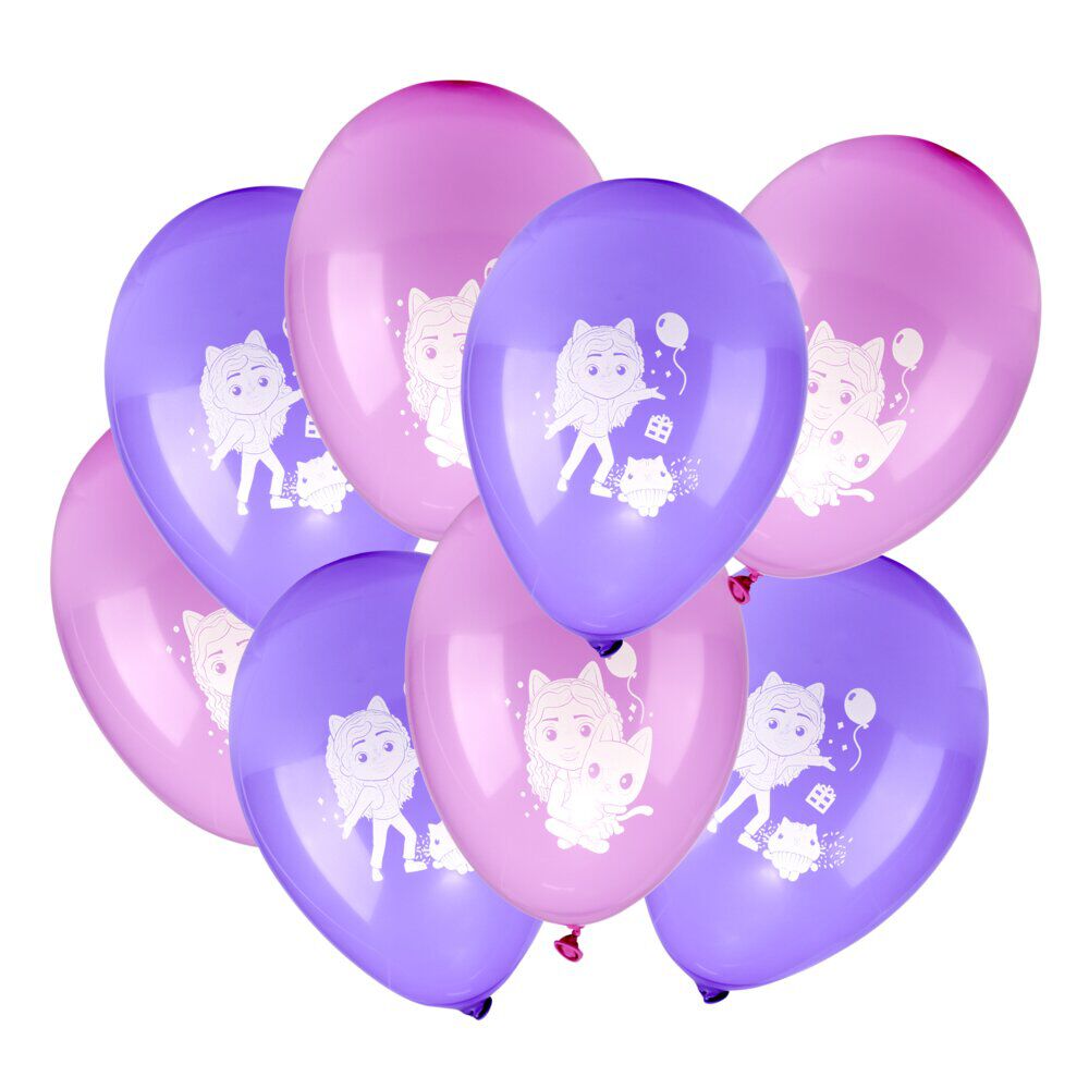 Ballon de baudruche latex x8 Gabby's Dollhouse rose et violet 15x21,5cm