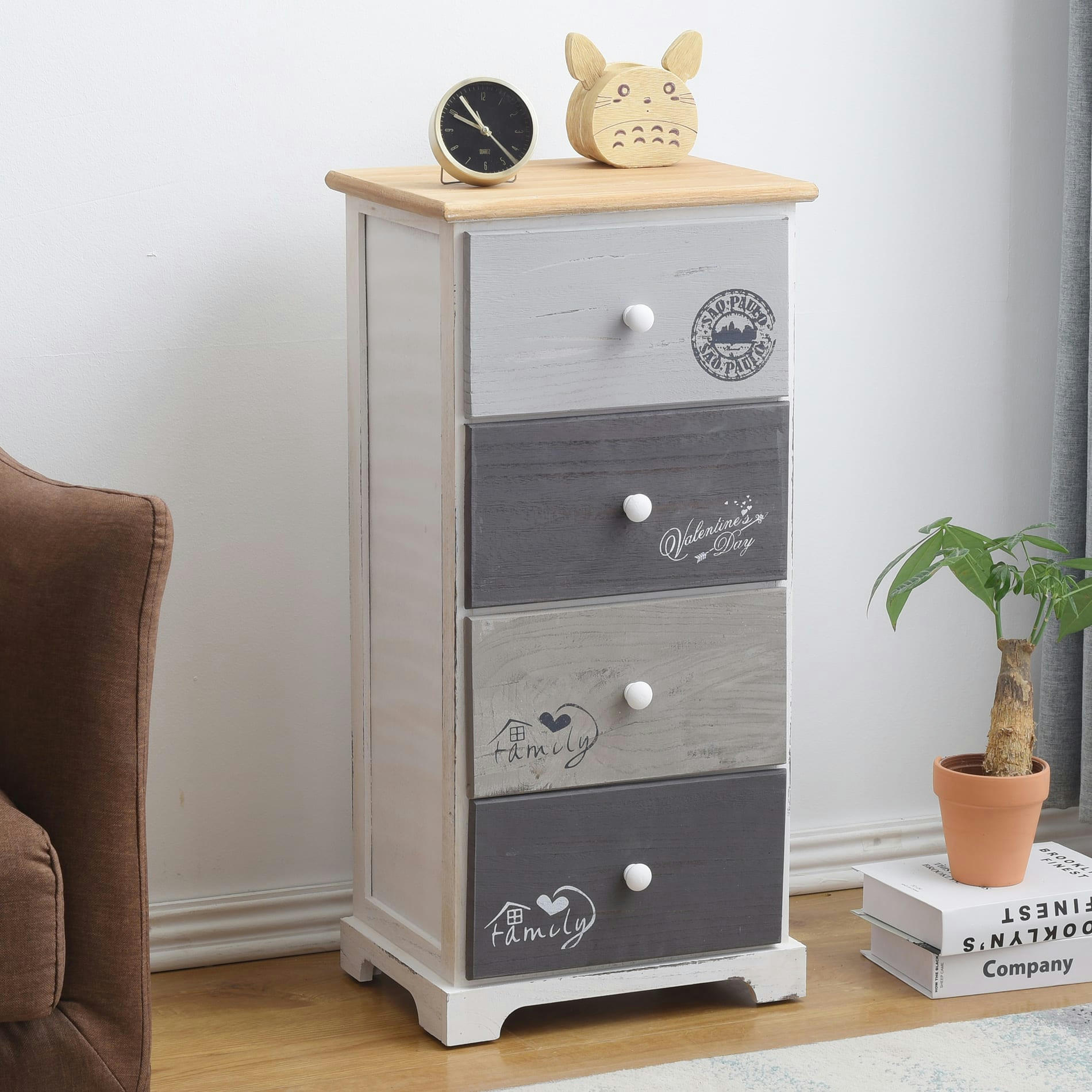 - Chiffonnier à 4 tiroirs en bois blanc et gris