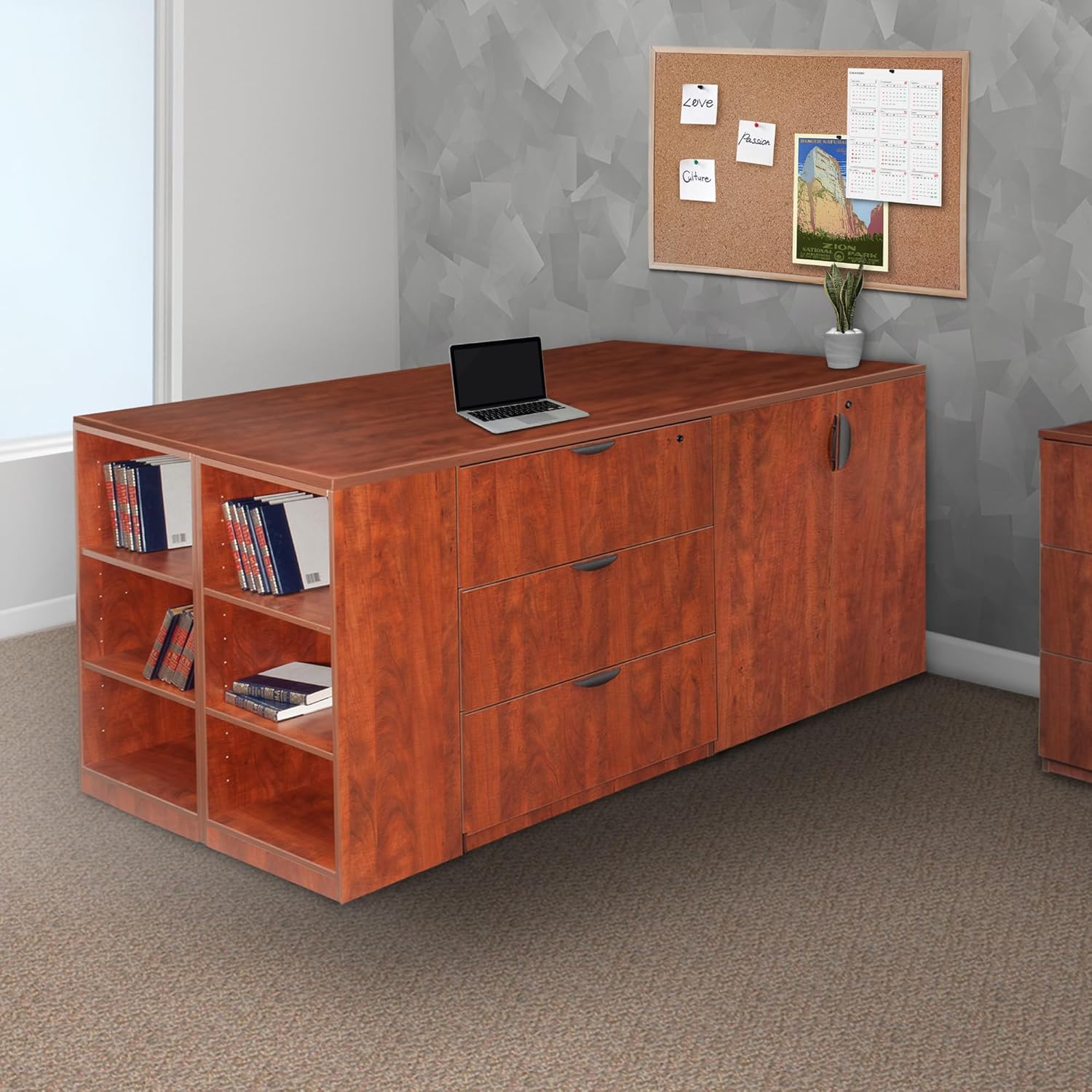 Regency Legacy Stand Up Storage Cabinet/ 3 Lateral File Quad with Bookcase End- Cherry